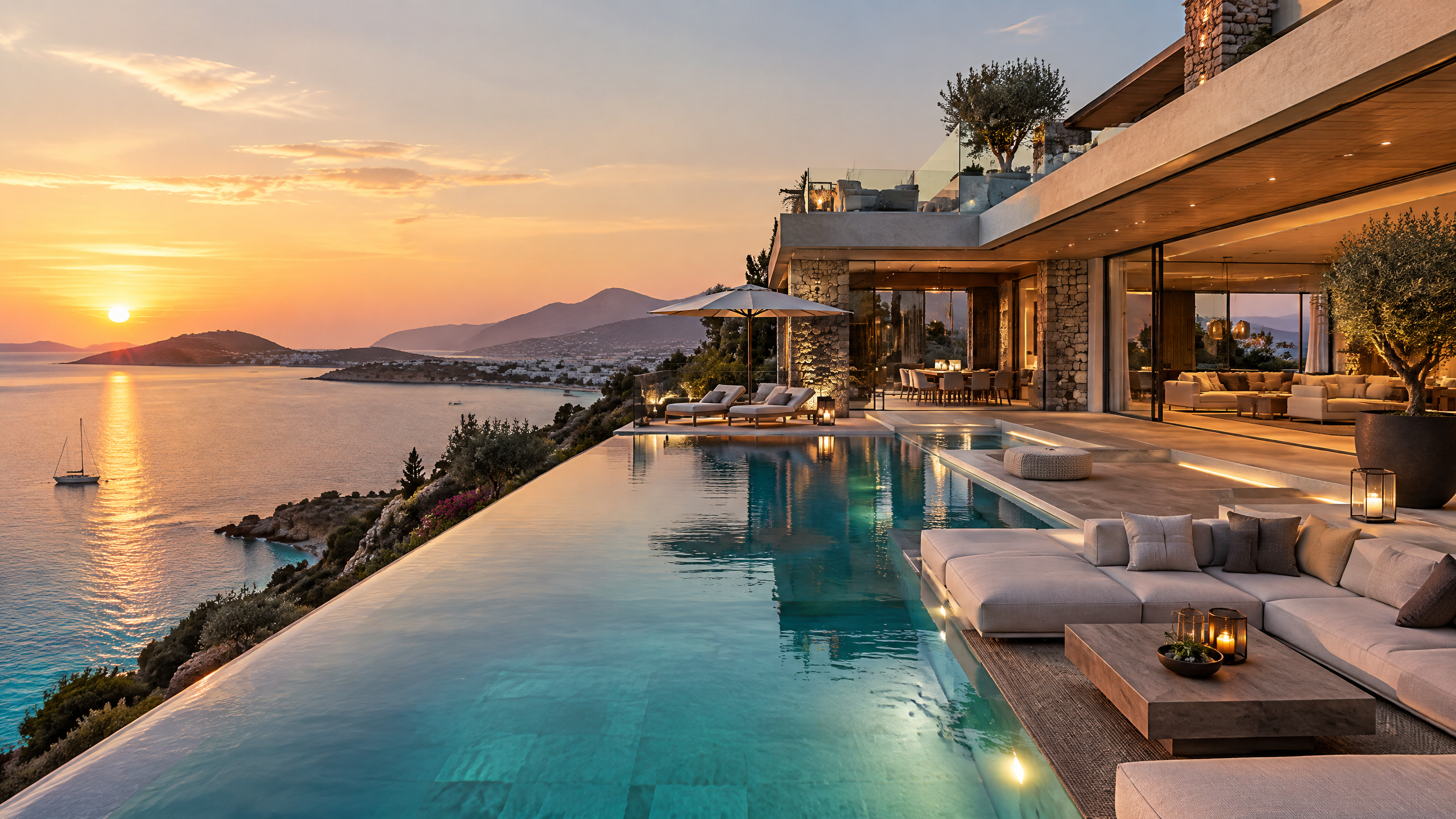Moderne Strandvilla in Yalıkavak bei Sonnenuntergang